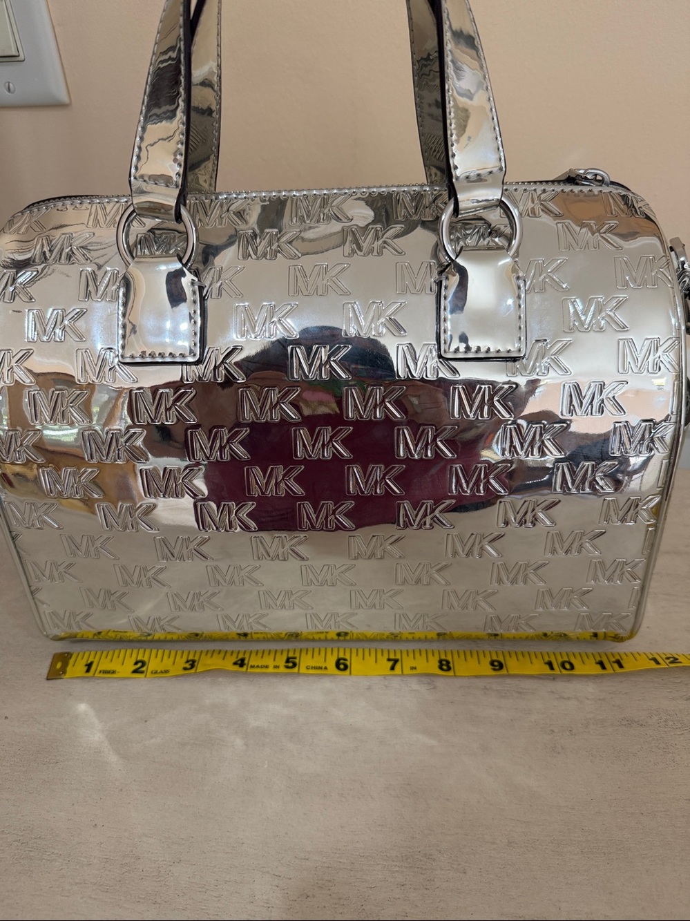 Michael Kors Mason Metallic Silver MK Monogram Satchel - Picture 8 of 10